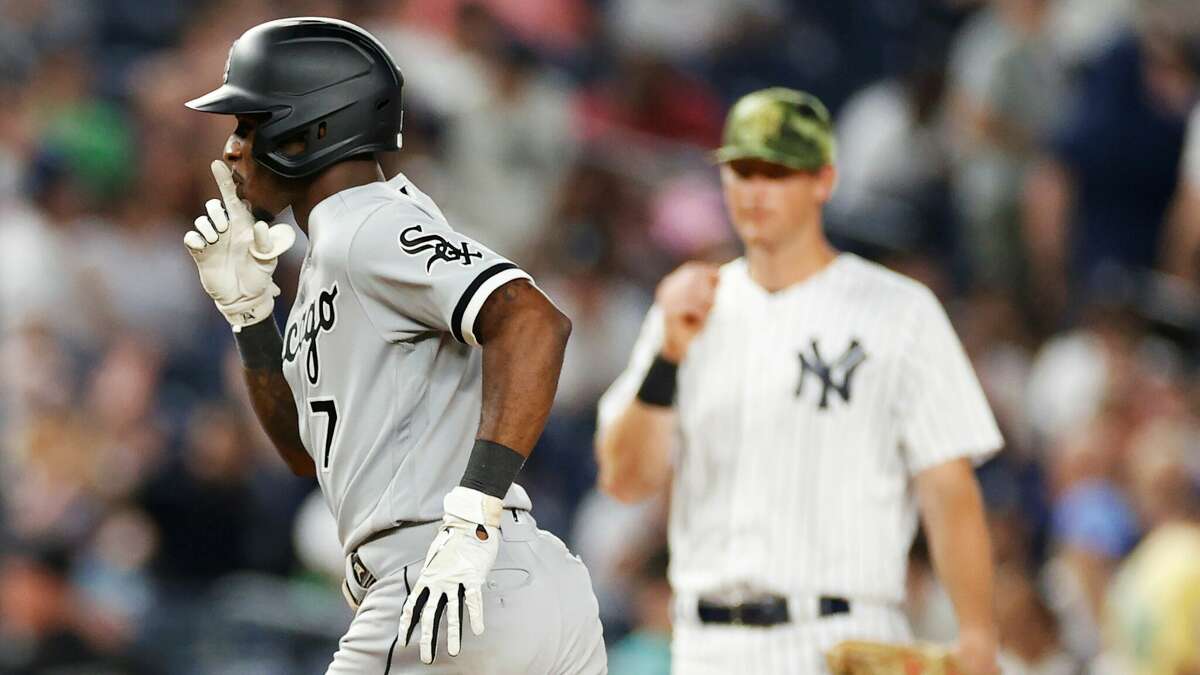 Tim Anderson shushes Yankees fans after homering on May 22, 2022, in New York.