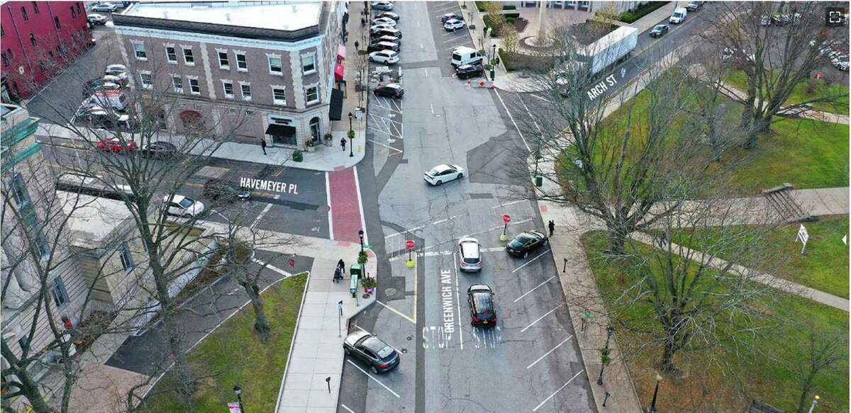 An aerial view of where bumpout will be added at Greenwich Avenue’s intersection with Havemeyer Place and Arch Street.