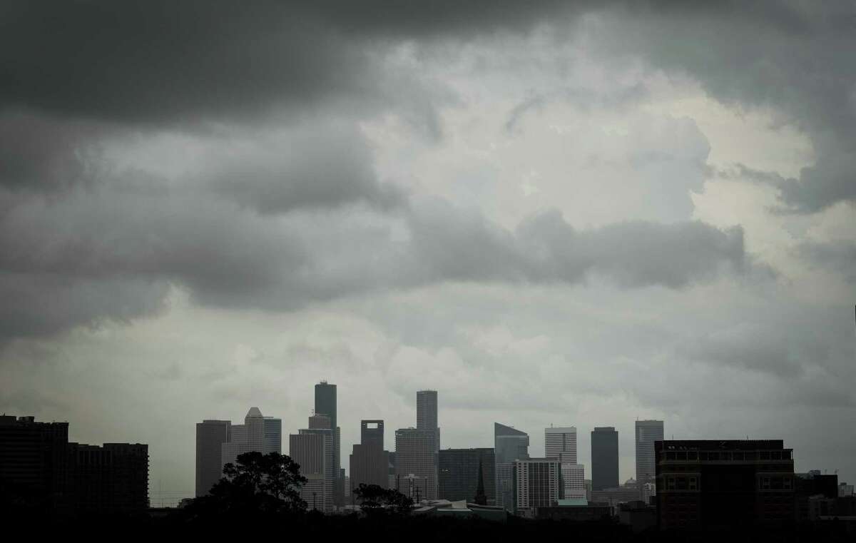 The downtown skyline is seen as storm moves into the area Tuesday, May 24, 2022, in Houston.