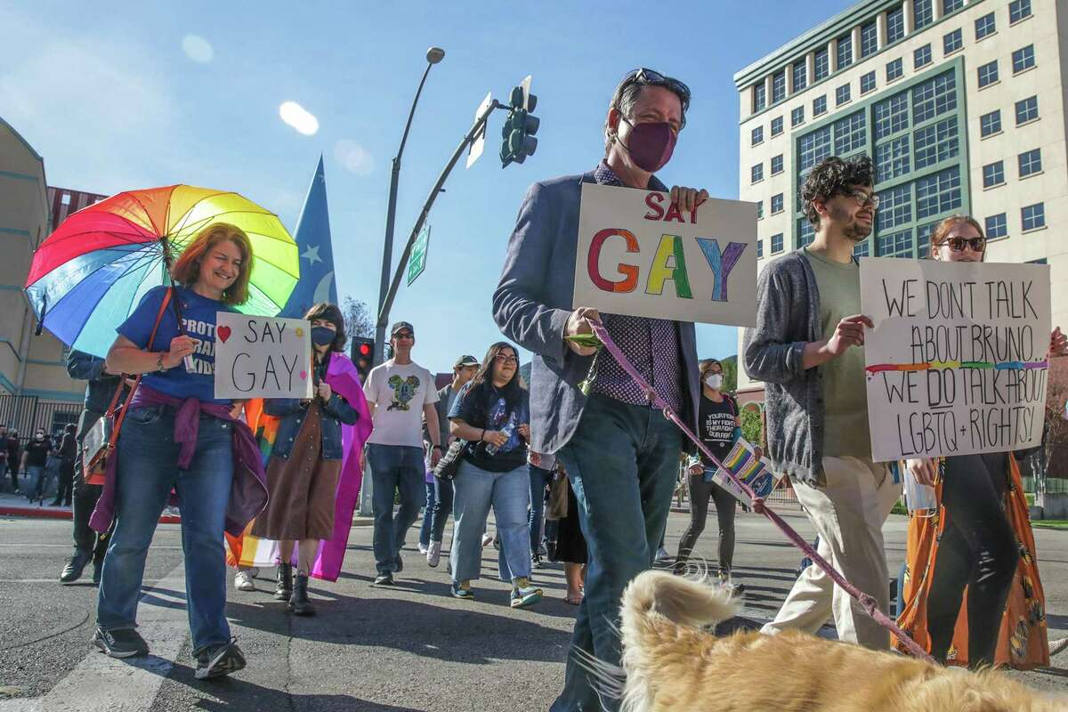 LGBTQ employees and their supporters walk out of Disney Animation protesting CEO Bob Chapek's handling of the staff controversy over Florida's "Don't Say Gay" bill, aka the "Parental Rights in Education" bill, on Tuesday, March 22, 2022, in Burbank, California. (Irfan Khan/Los Angeles Times/TNS)