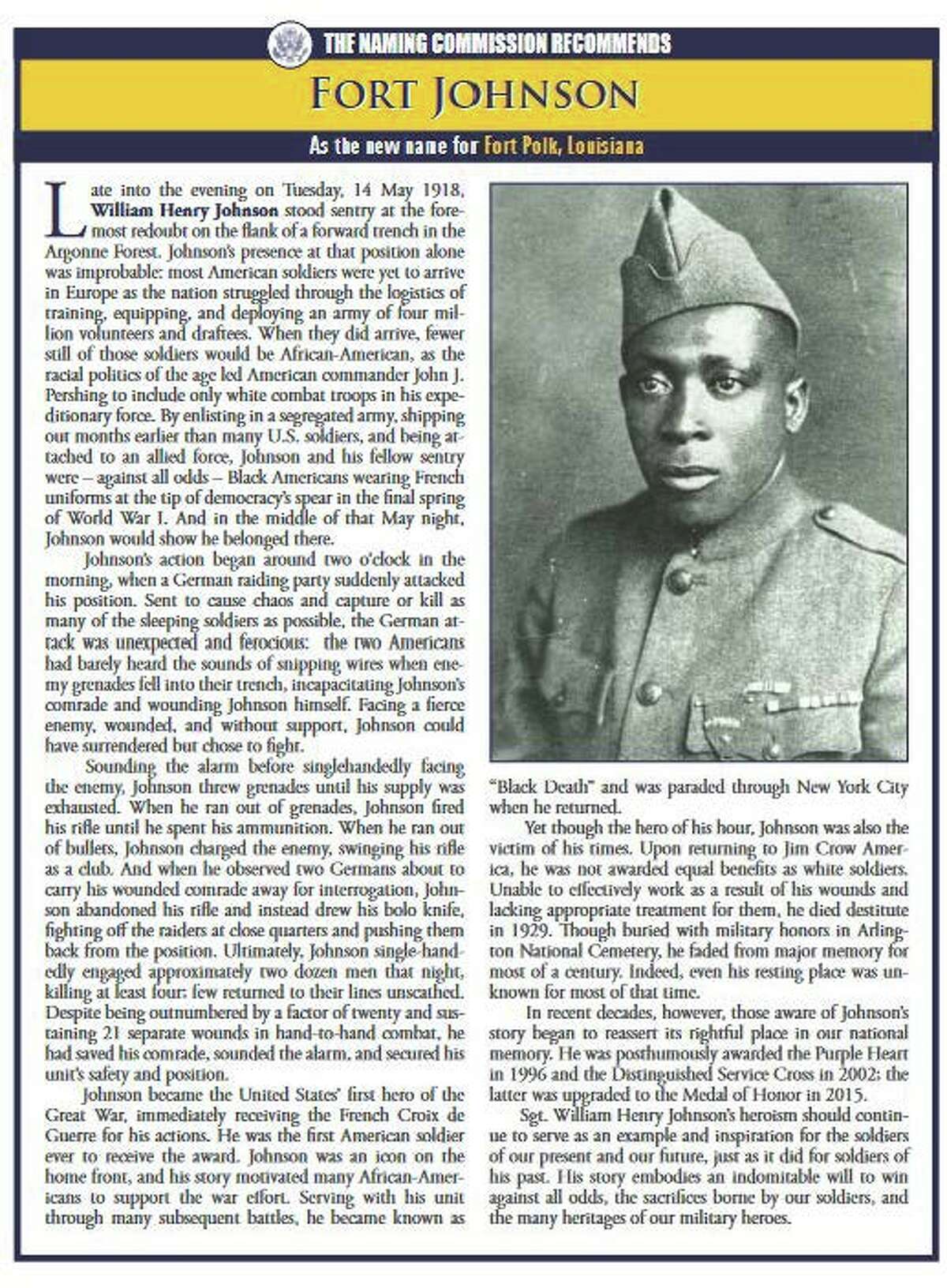 Panel suggests renaming Louisiana fort for Henry Johnson