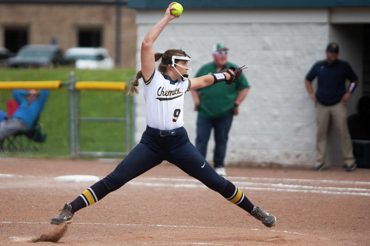 Midland's Grace Schloop throws out a pitch during a game against Freeland Tuesday, May 24, 2022 at Northwood University.