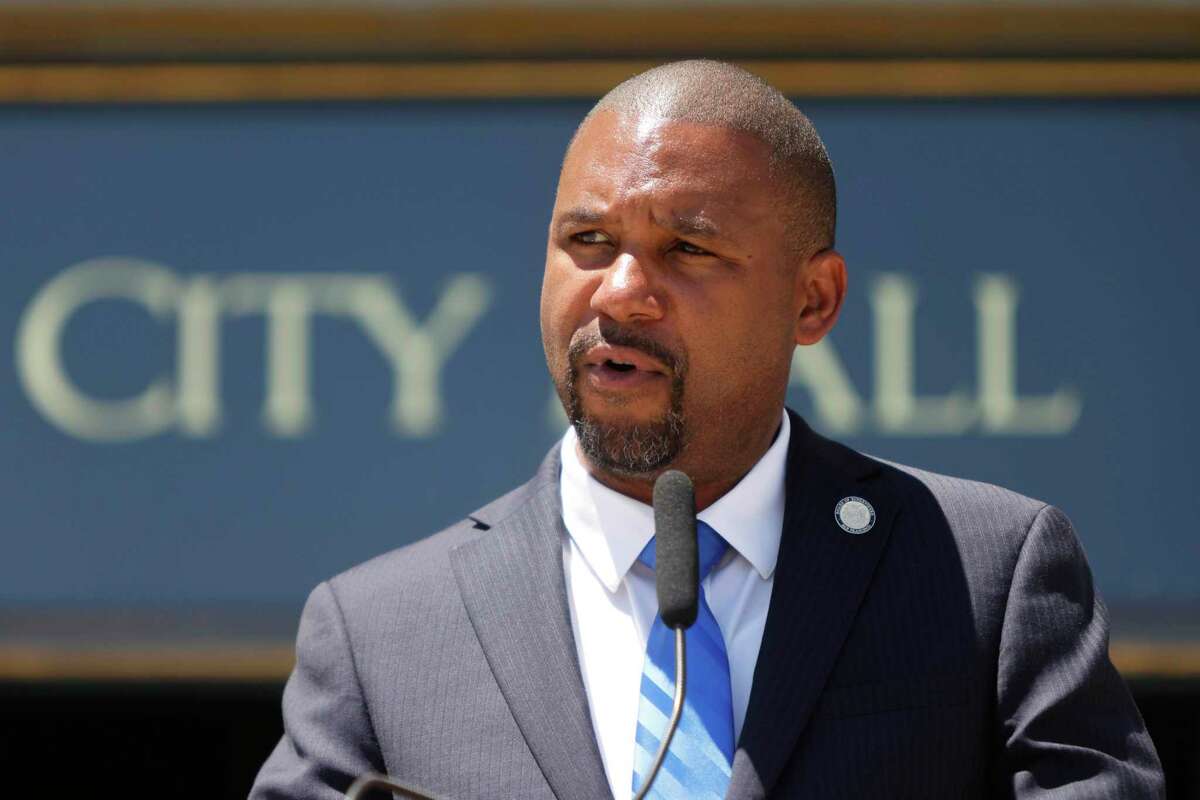 Board President Shamann Walton speaks during a news conference at City Hall in San Francisco.