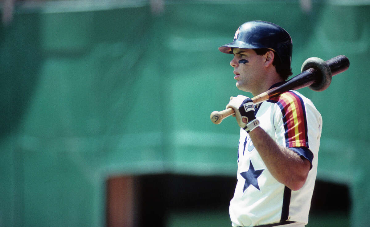 Ken Caminiti of the Houston Astros looks on from on deck as he waits to bat against the Pittsburgh Pirates during a game at Three Rivers Stadium during his rookie season in 1987 in Pittsburgh, Pennsylvania.