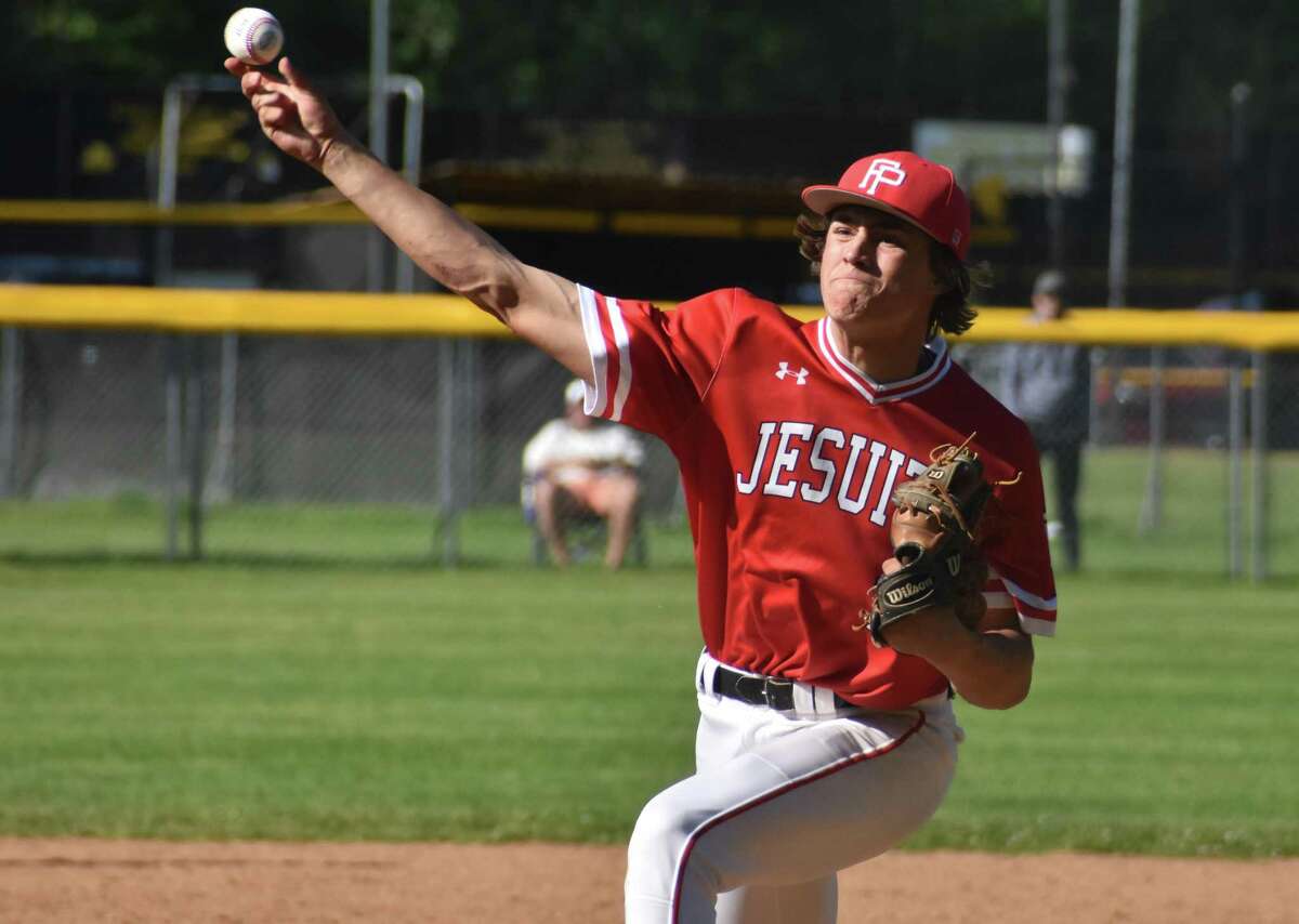 Fairfield Prep's Ryan Preisano pitches during the SCC baseball semifinals gam,e between Amity and Fairfield Prep, at Amity High, Woodbridge on Tuesday, May 24, 2022.