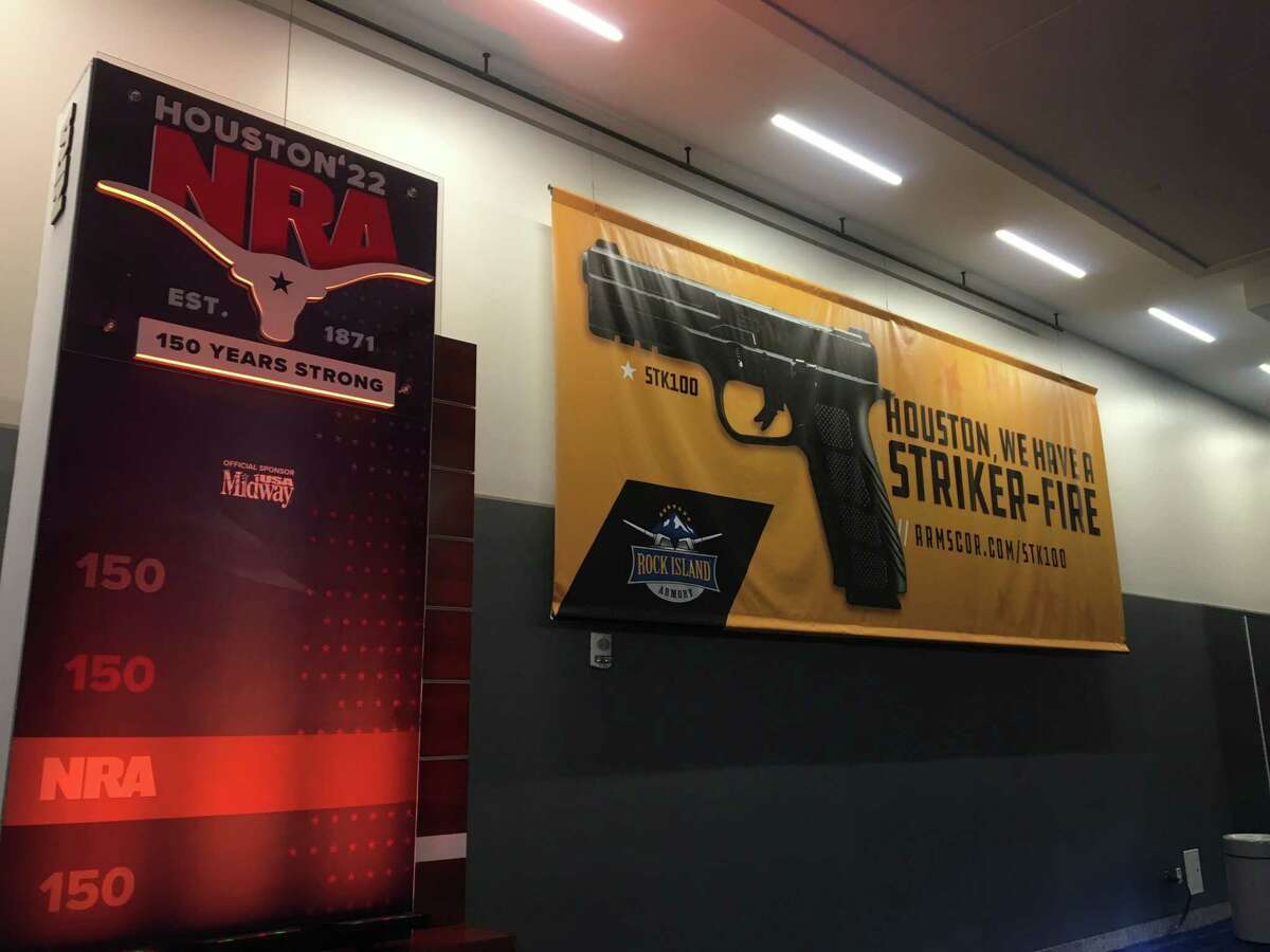 Decorations are set up ahead of the NRA convention in Houston.