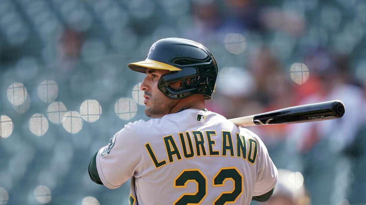 Oakland Athletics' Ramon Laureano plays during the first inning of the second baseball game of a doubleheader, Tuesday, May 10, 2022, in Detroit. (AP Photo/Carlos Osorio)