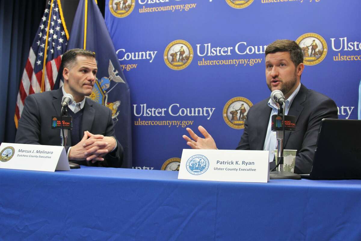Ulster County Executive Pat Ryan (right) and Dutchess County Executive Marc Molinaro hold a joint virtual town hall on March 20, 2020. The two are facing off to see who will replace U.S. Rep. Antonio Delgado in a special election on Aug. 23.