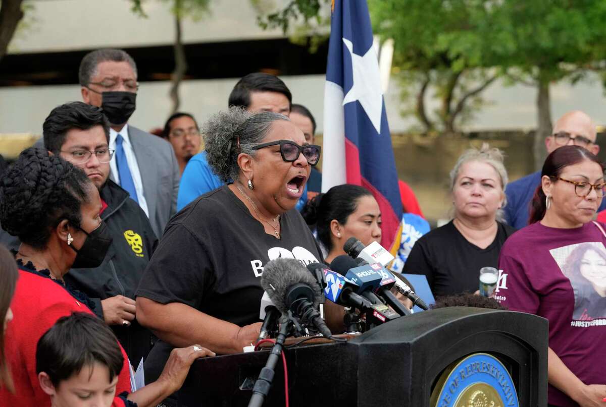 Kathy Blueford-Daniels, an HISD trustee, talks about gun violence during a press conference and vigil for victims of the mass shooting at an elementary school in Uvalde, Texas, on Tuesday, May 24, 2022, at the George Thomas “Mickey” Leland Federal Building in Houston. Blueford-Daniels lost her son to gun violence almost 16 years ago. “I’m a broken mother,” she said.