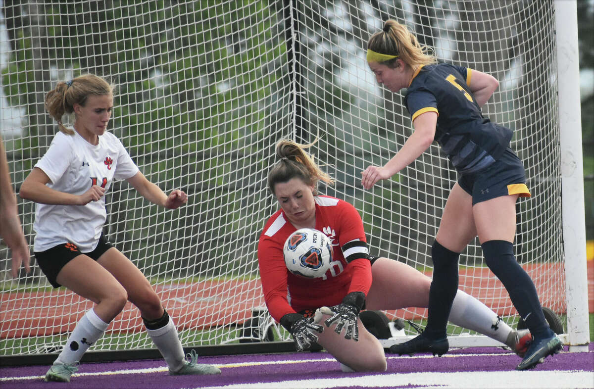Edwardsville's Kaitlyn Naney makes a save against O'Fallon during the Class 3A Normal Community Sectional semifinals on Tuesday at Collinsville.