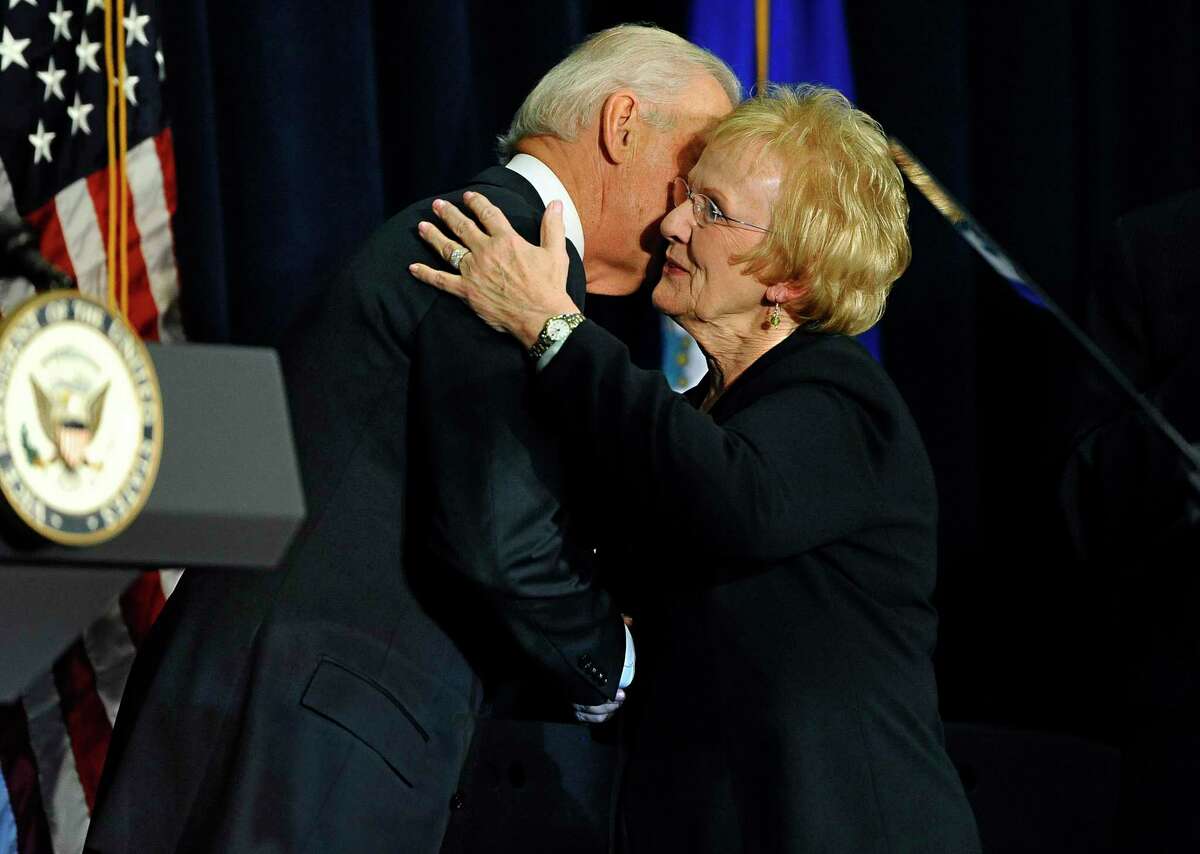 Then-Vice President Joe Biden hugs Newtown, Conn. First Selectwoman Pat Llodra after speaking at a gun violence conference in Danbury, Conn., Thursday, Feb. 21, 2013. The conference, held near Newtown, Conn. where 26 lives were lost in the Sandy Hook Elementary School shooting, was organized by members of the state's congressional delegation is to push President Barack Obama's gun control proposals.