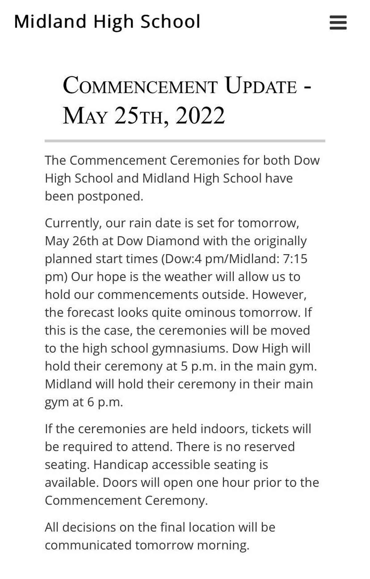The full commencement update from Dow and Midland High Schools shares possible graduation event outcomes due to the May 25 and May 26 weather forecasts.