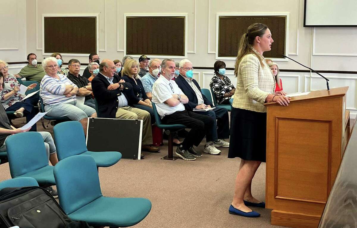 Attorney Stephanie Cummings represents the Village Improvement Association’s request for a special permit on Orange Avenue/Boston Post Road before the West Haven Planning and Zoning Commission.