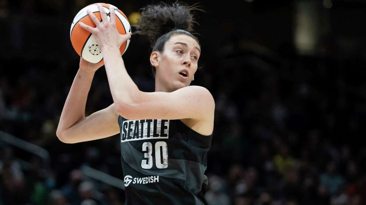 Seattle Storm forward Breanna Stewart pulls down a rebound during a WNBA basketball game against the Minnesota Lynx, Friday, May 6, 2022, in Seattle. The Storm won 97-74. (AP Photo/Stephen Brashear)