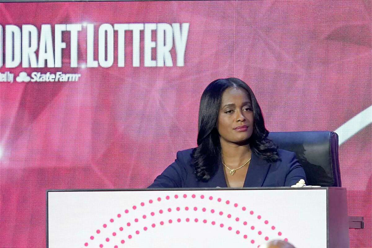 New Orleans Pelicans vice-president basketball operations Swin Cash-Canal sits on stage during the 2022 NBA basketball Draft Lottery Tuesday, May 17, 2022, in Chicago. (AP Photo/Charles Rex Arbogast)
