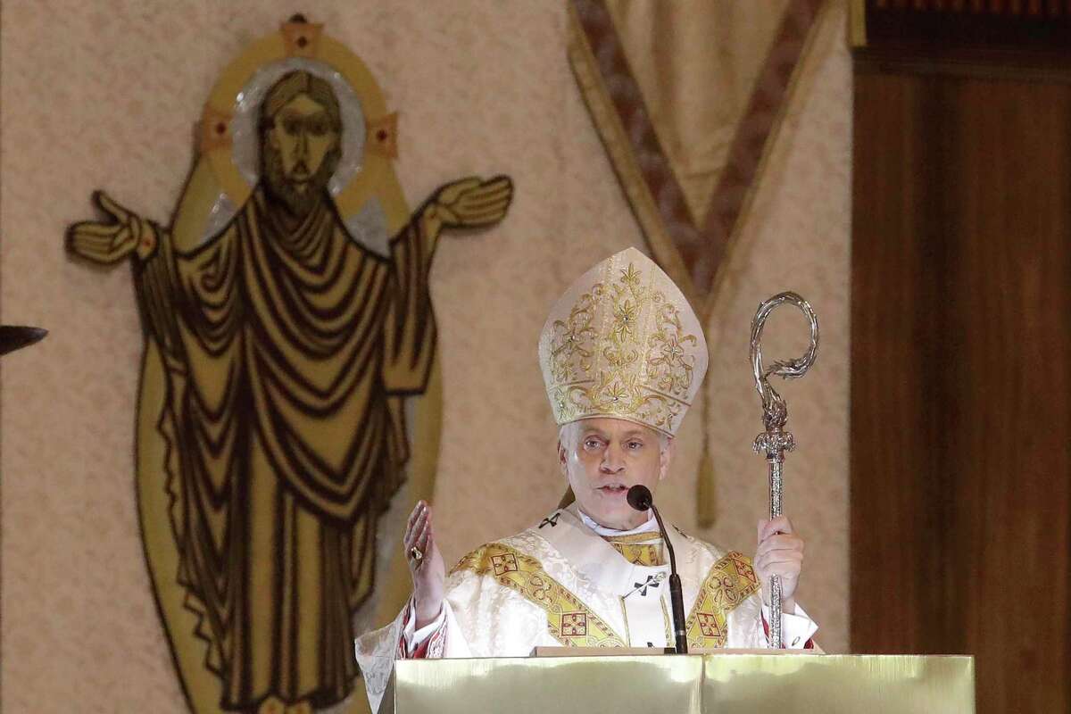San Francisco Archbishop Salvatore Cordileone celebrates Easter Mass in 2020 at St. Mary’s Cathedral in San Francisco. He says he will no longer allow House Speaker Nancy Pelosi to receive Communion over her support of abortion rights.