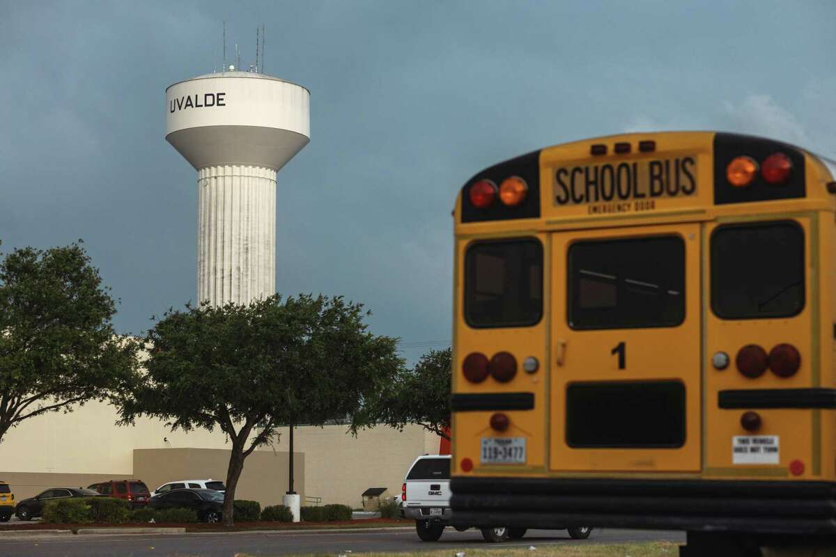 A school bus is parked outside the SSGT Willie de Leon Civic Center in Uvalde, where the community gathered in the wake of a mass shooting at Robb Elementary School.