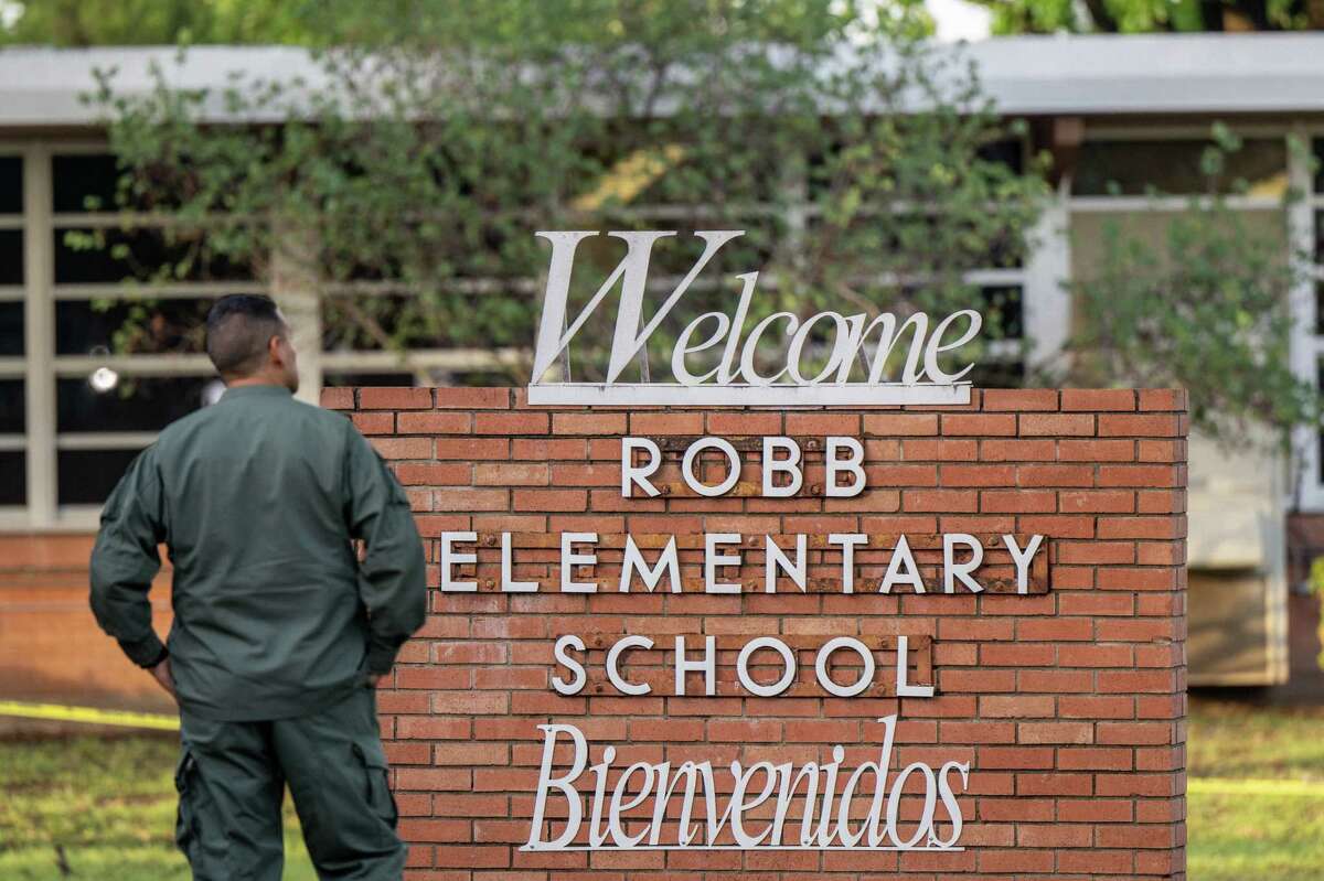 UVALDE, TEXAS - MAY 25: A law enforcement officer stands outside the Robb Elementary School on May 25, 2022 in Uvalde, Texas. According to reports, during the mass shooting, 19 students and 2 adults were killed, with the gunman, identified as 18 year old Salvador Ramos, fatally shot by law enforcement.