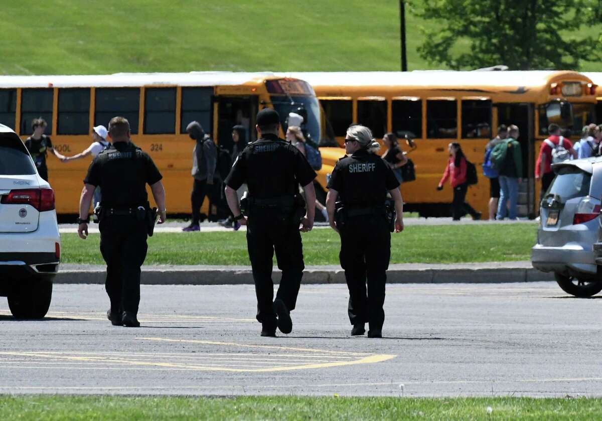 Extra deputies from the Albany County Sheriff’s Department were on hand at Ravena Coeymans Selkirk High School all day to help students feel safe after the Texas school shooting on Wednesday, May 25, 2022, in Ravena, N.Y. State police were also doing check-ins Wednesday.