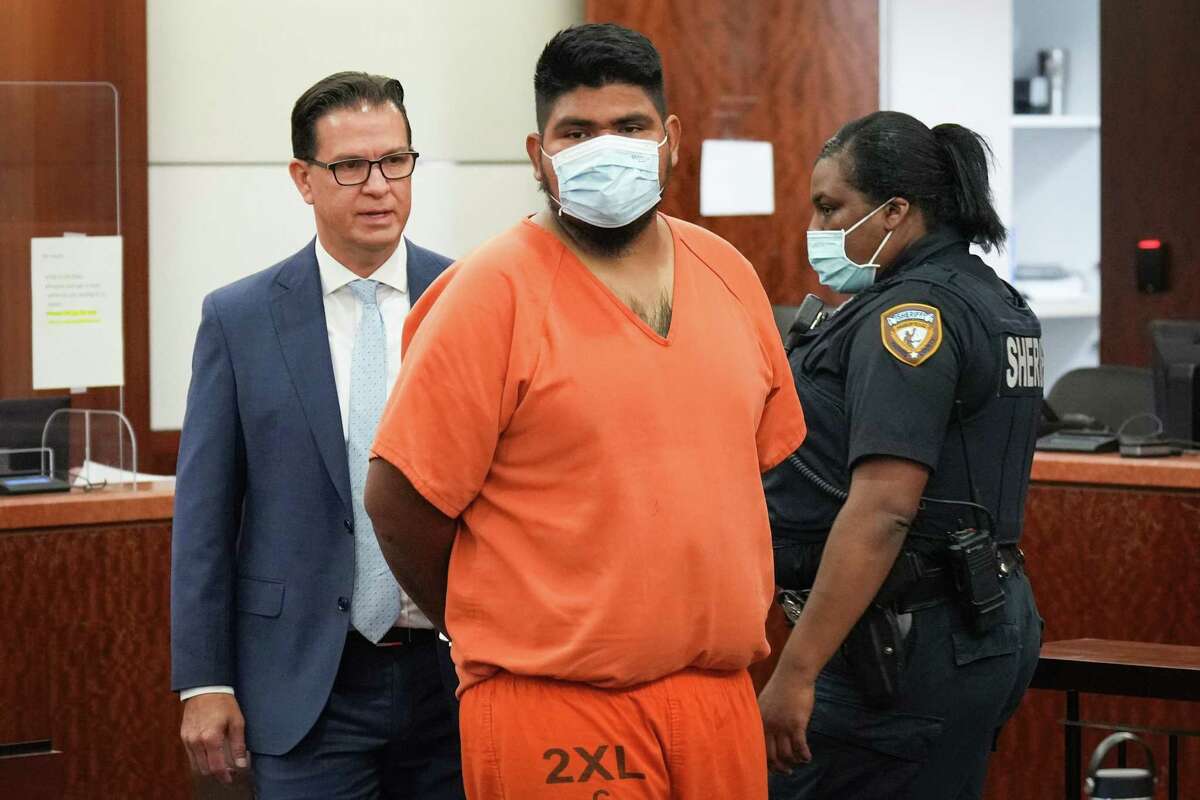 Ruben Moreno appears in court for a bond hearing Wednesday, May 25, 2022 in Houston. Moreno is charged with capital murder in the death of Melanie Mendoza, the 8-year-old daughter of his girlfriend. The child and her twin sister, who have the birth defect Microcephaly, were allegedly abused by Moreno and their mother, Soledad Mendoza. A total bond of $3 million was set, on three different charges, in the case.