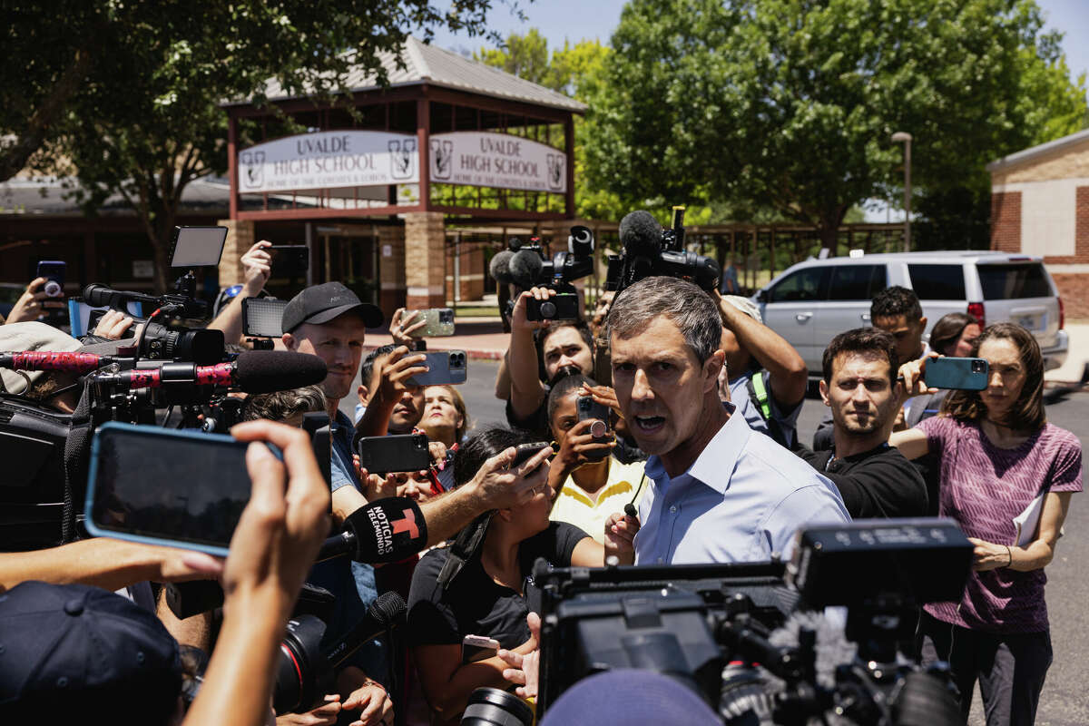 Democratic gubernatorial candidate Beto O'Rourke speaks to the media after interrupting a press conference held by Texas Gov. Greg Abbott on May 25, 2022 in Uvalde, Texas. 21 people were killed, including 19 children, during a mass shooting on May 24 at Robb Elementary School.