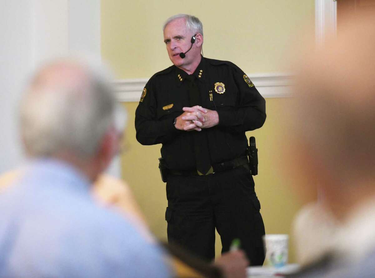 Greenwich Police Chief James Heavey speaks during the Greenwich Retired Men's Association's weekly speaker series at First Presbyterian Church in Greenwich, Conn. Wednesday, May 25, 2022. In his third RMA guest speaker appearance, Chief Heavey delivered the presentation "Police Accountability: Our Role in the Greenwich Community."