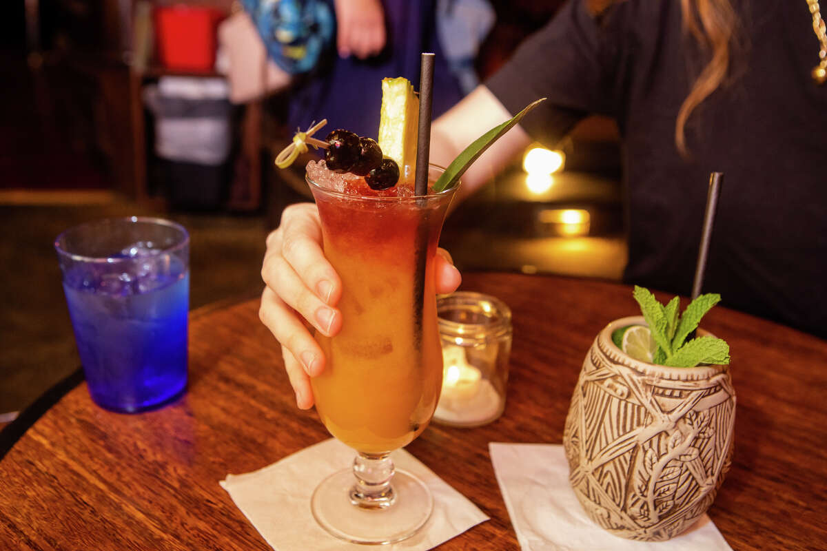 (Left to right) The Hurry Kane and the 1944 Mai Tai are two of the signature cocktail drinks at the Tonga Room in the Fairmont Hotel, in San Francisco, Calif. on May 20, 2022.