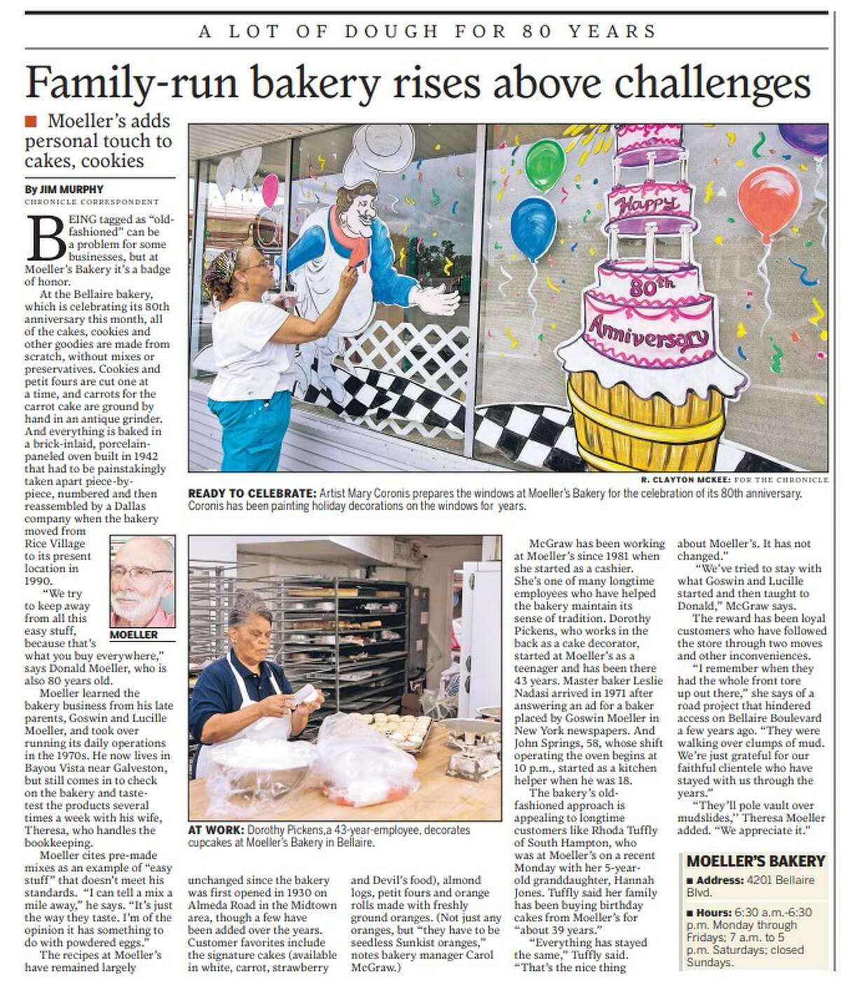 An article about Moeller's Bakery in the Examiner newspapers of Bellaire, River Oaks and West University.
