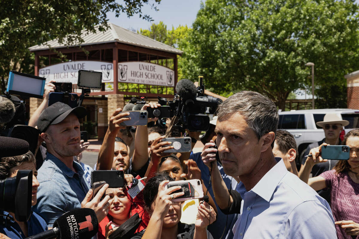 UVALDE, TX - MAY 25: Democratic gubernatorial candidate Beto O'Rourke speaks to the media after interrupting a press conference held by Texas Gov. Greg Abbott at Uvalde High School on May 25, 2022 in Uvalde, Texas. 21 people were killed, including 19 children, during a mass shooting on May 24 at Robb Elementary School. The shooter, identified as 18 year old Salvador Ramos, was reportedly killed by law enforcement. (Photo by Jordan Vonderhaar/Getty Images)