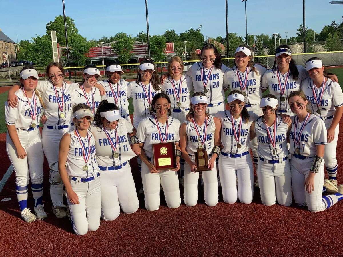 Ludlowe celebrates its 2-0 win over Danbury in the FCIAC softball championship on May 25 at Sacred Heart University in Fairfield. The FCIAC and SCC will begin a softball series beginning in 2023.