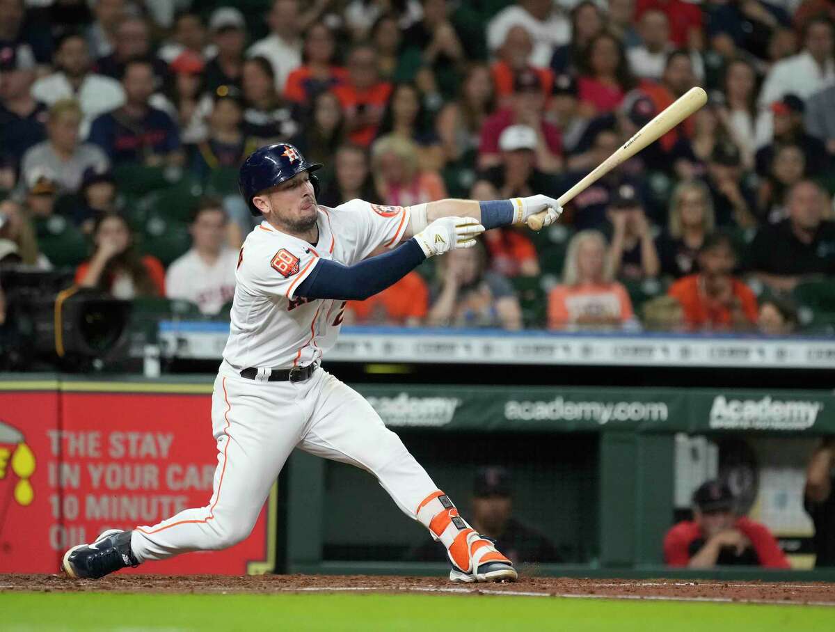 Houston Astros Alex Bregman (2) strikes out against Cleveland Guardians starting pitcher Cal Quantrill during the third inning of an MLB game at Minute Maid Park on Wednesday, May 25, 2022 in Houston.