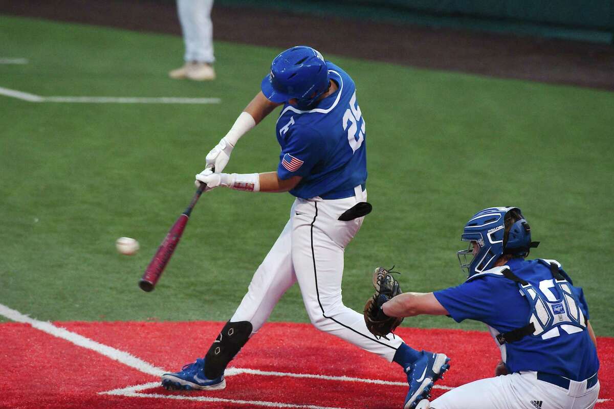 Friendswood’s Boots Landry (25) belted a three-run double in the sixth inning that helped power the Mustangs to an 8-4 win over Brenham Wednesday night at Cy Falls in a Region 3-5A semifinal matchup.