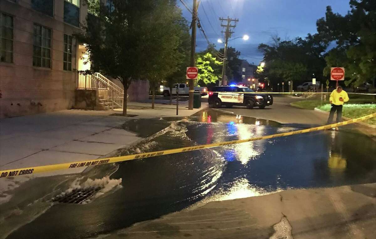 Mason Street is closed near Fawcett Place in downtown Greenwich is closed Thursday, May 26, 2022, after a water main break, town officials said.