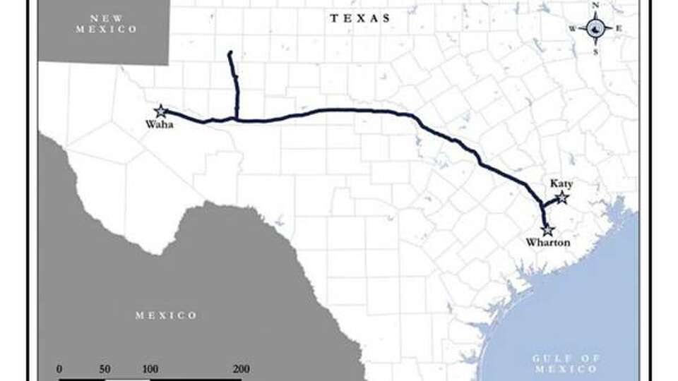 A map of the route for the planned Matterhorn Express pipeline from Waha to Katy.