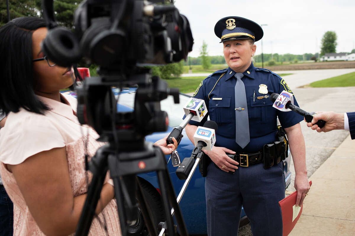 Michigan State Police Lieutenant Kim Vetter answers questions from members of the media about the department's new bodycams Thursday, May 26, 2022 at the MSP Tri-City Post in Freeland.