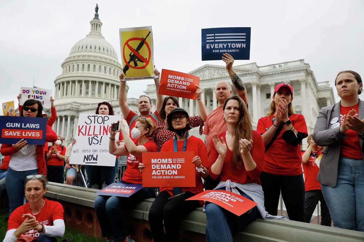 Gun control advocacy groups rally with Democratic members of Congress outside the U.S. Capitol on May 26 in Washington, D.C.