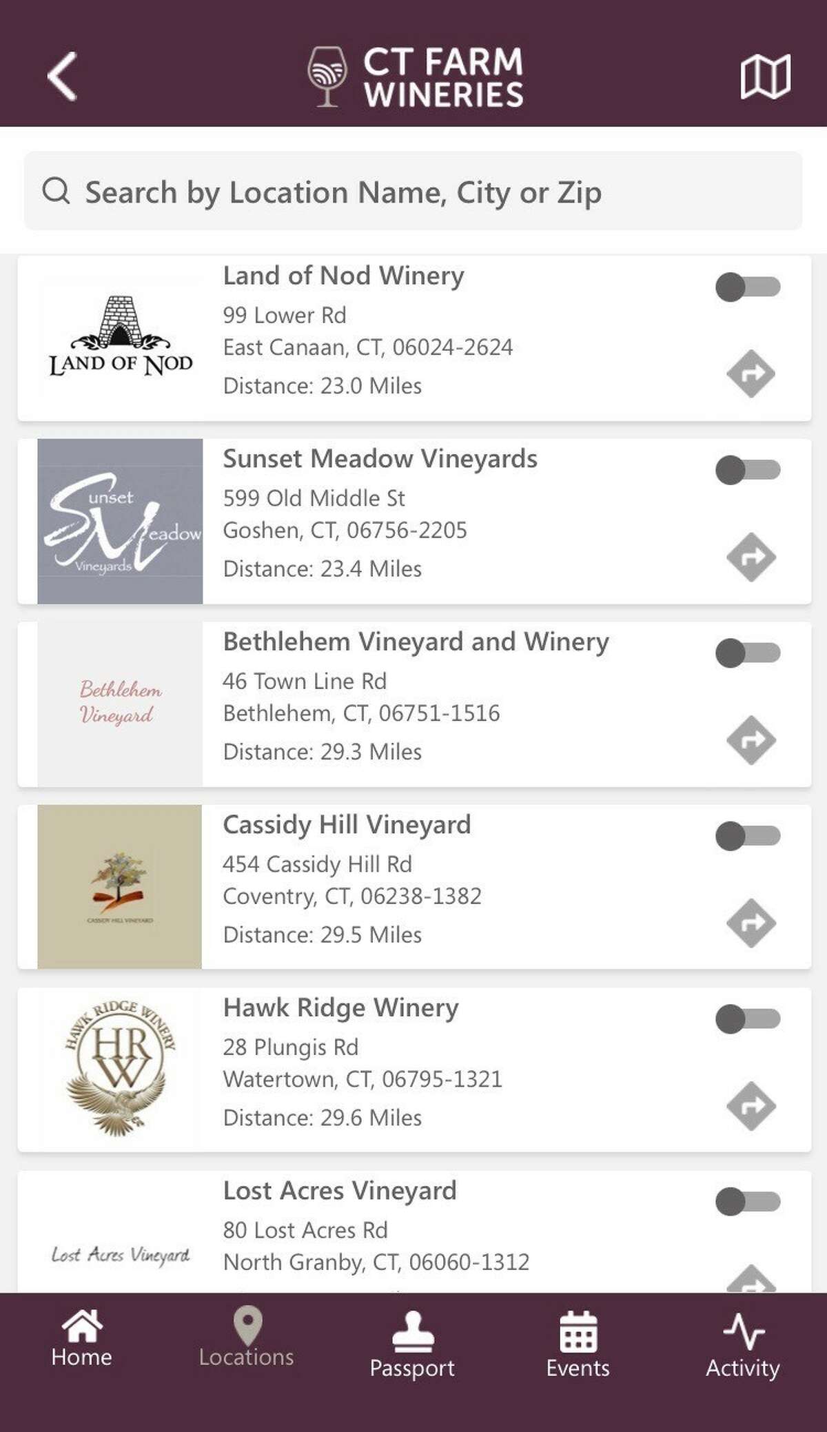A screenshot from the new CT Wine Passport app