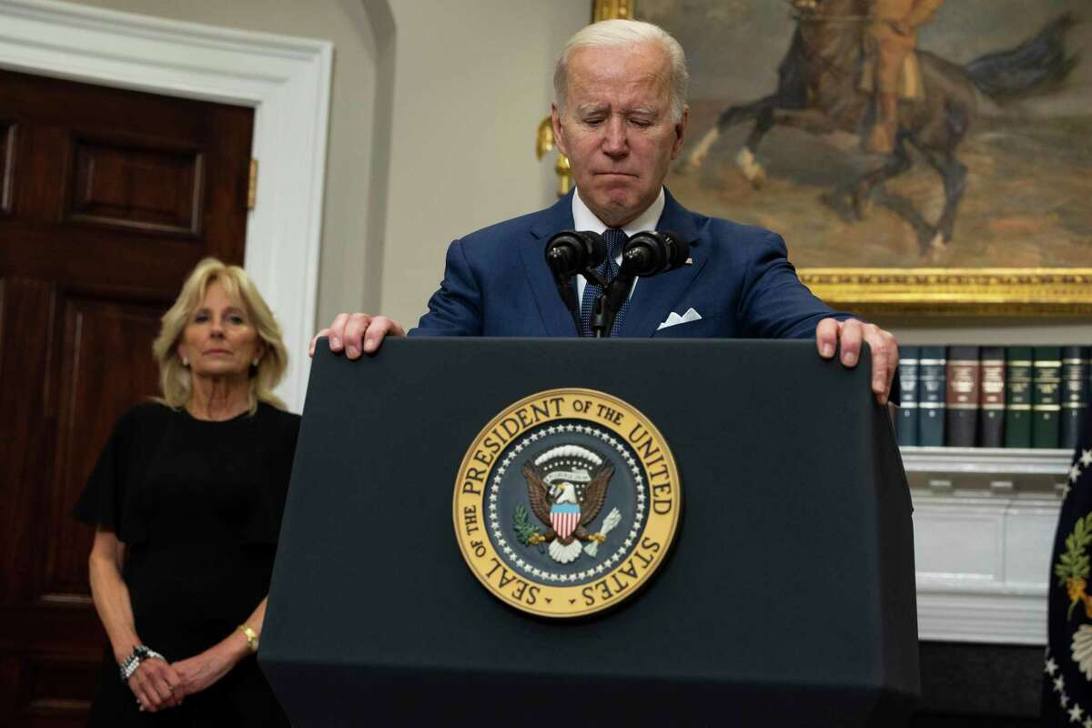 WASHINGTON, DC - MAY 24: U.S. President Joe Biden delivers remarks from the Roosevelt Room of the White House as first lady Jill Biden looks on concerning the mass shooting at a Texas elementary school on May 24, 2022 in Washington, DC. Eighteen people are dead after a gunman today opened fire at the Robb Elementary School in Uvalde, Texas, according to published reports. (Photo by Anna Moneymaker/Getty Images)