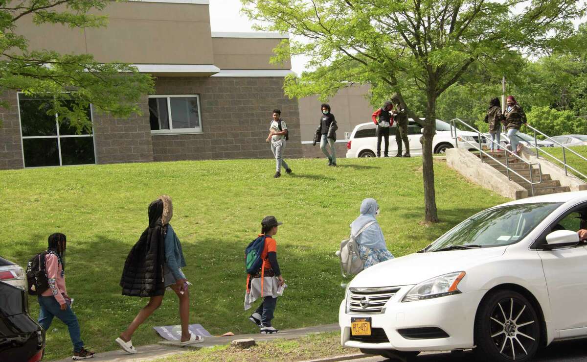 Students are seen leaving during dismissal time at North Albany Middle School on Thursday, May 26, 2022 in Albany, N.Y.