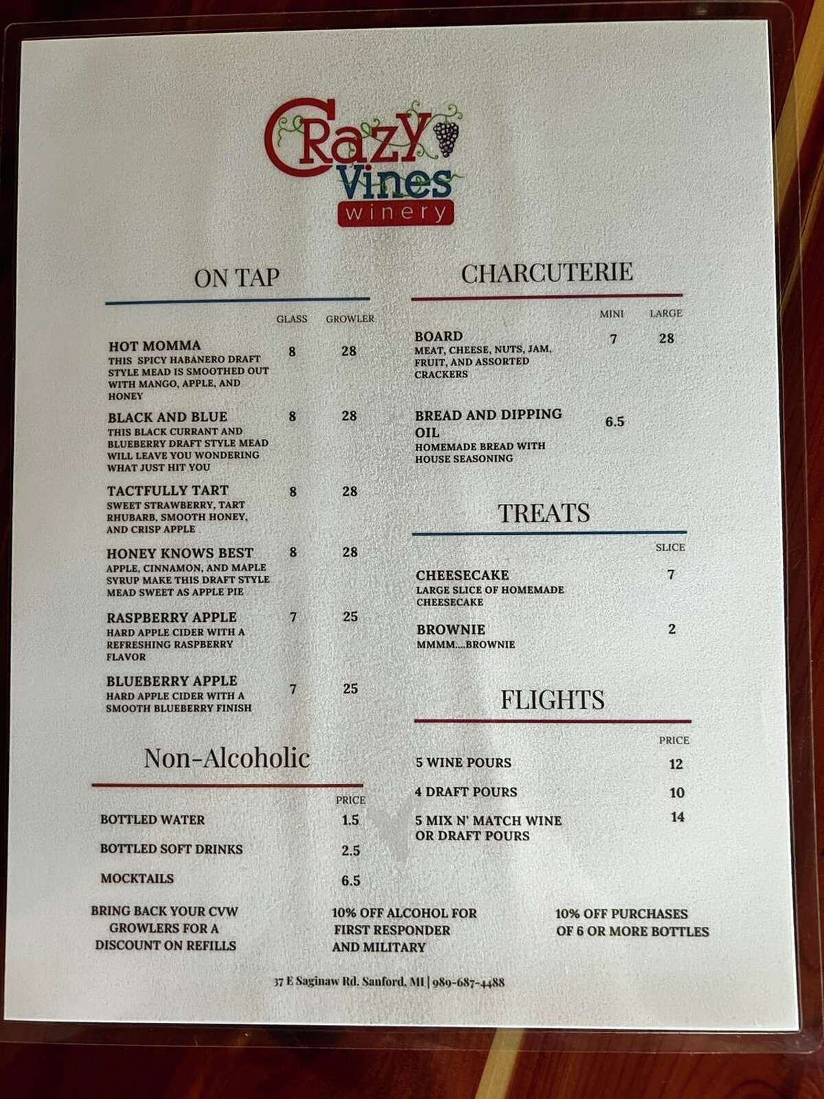 A look at the Crazy Vines Winery menu.