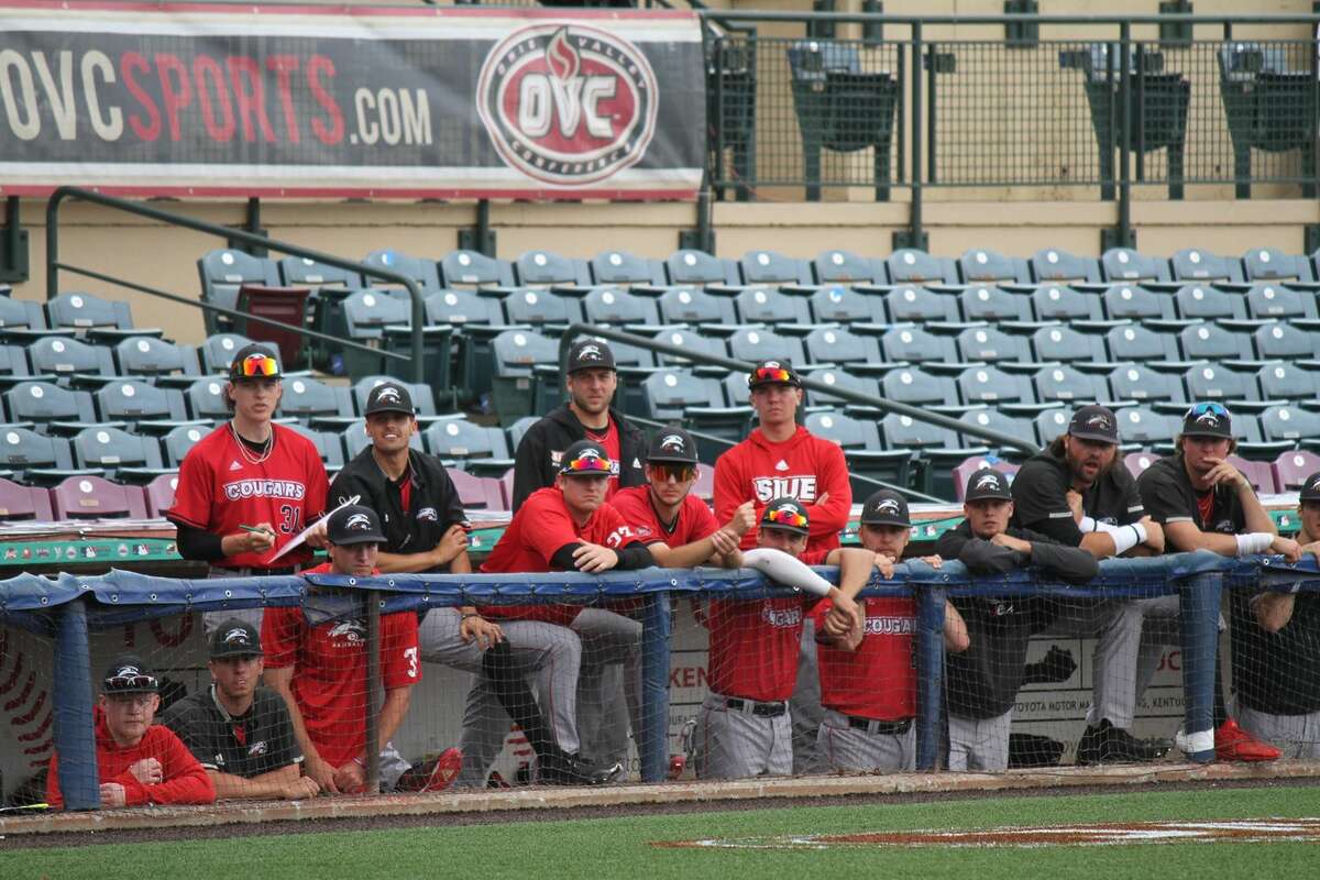 The SIUE baseball team watches the action from the dugout during Thursday's Ohio Valley Conference Tournament opener against Belmont.