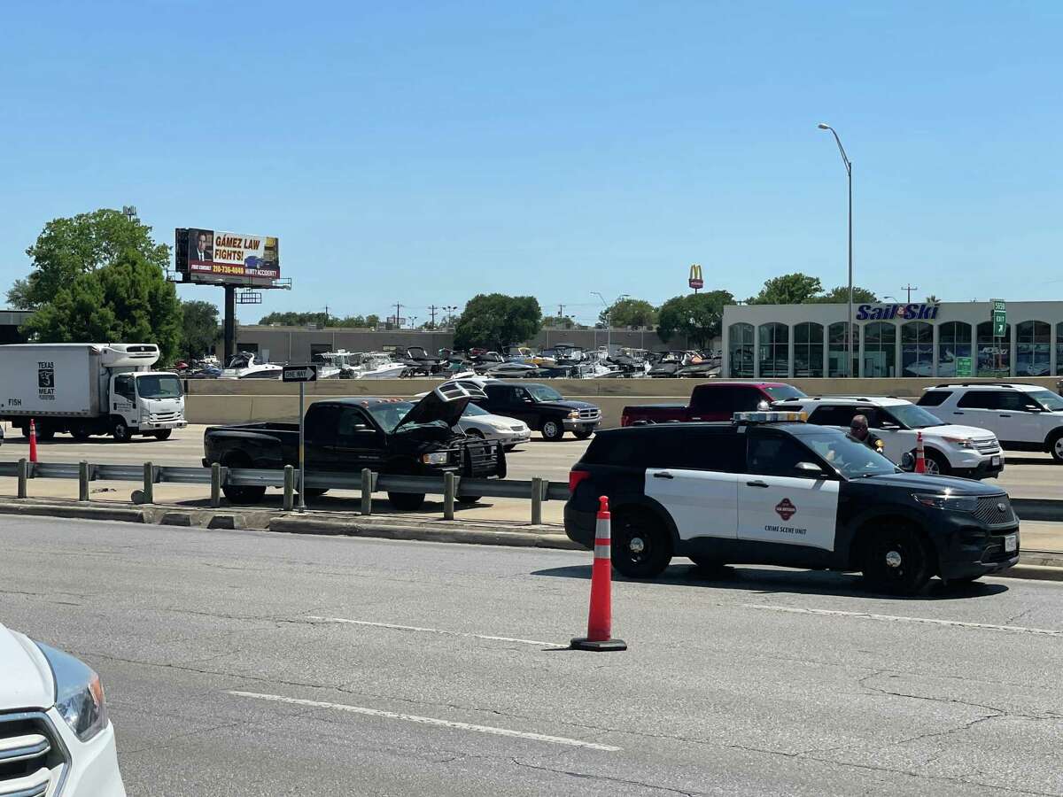 San Antonio police Thursday investigate the scene of a shooting along I-10 West on the Northwest Side from which both the shooter and the alleged victim fled. A nearby business center on Park Ten Boulevard was searched as a precaution.