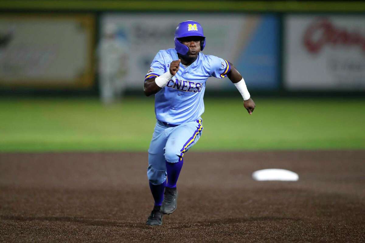 McNeese outfielder Payton Harden (18) runs to third base during an NCAA college baseball game against Southeastern Louisiana, Wednesday, May 1, 2019, in Hammond, La. (AP Photo/Tyler Kaufman)