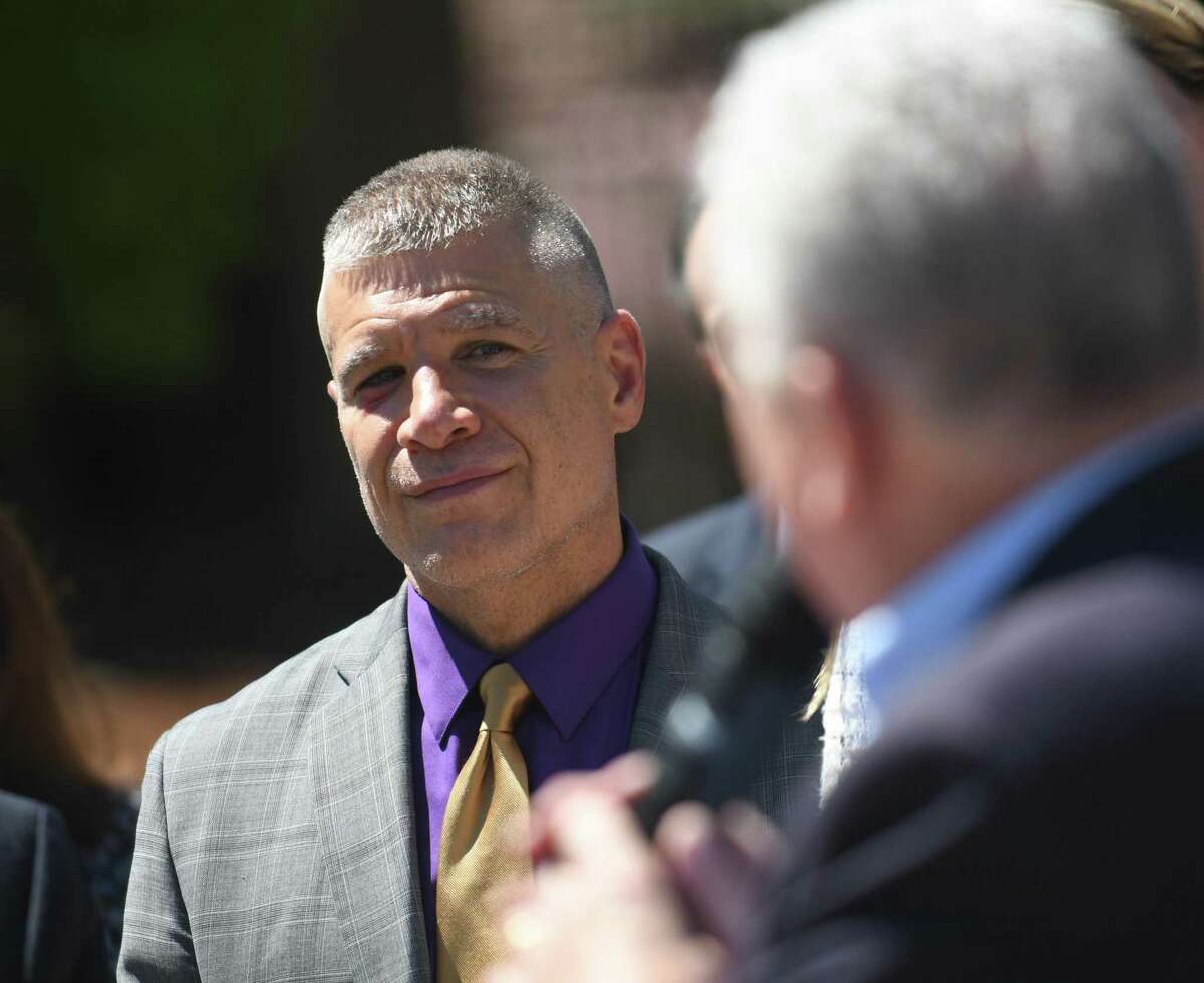 Westhill High School principal Michael Rinaldi attends a press conference at Westhill in Stamford, Conn. Wednesday, May 11, 2022.