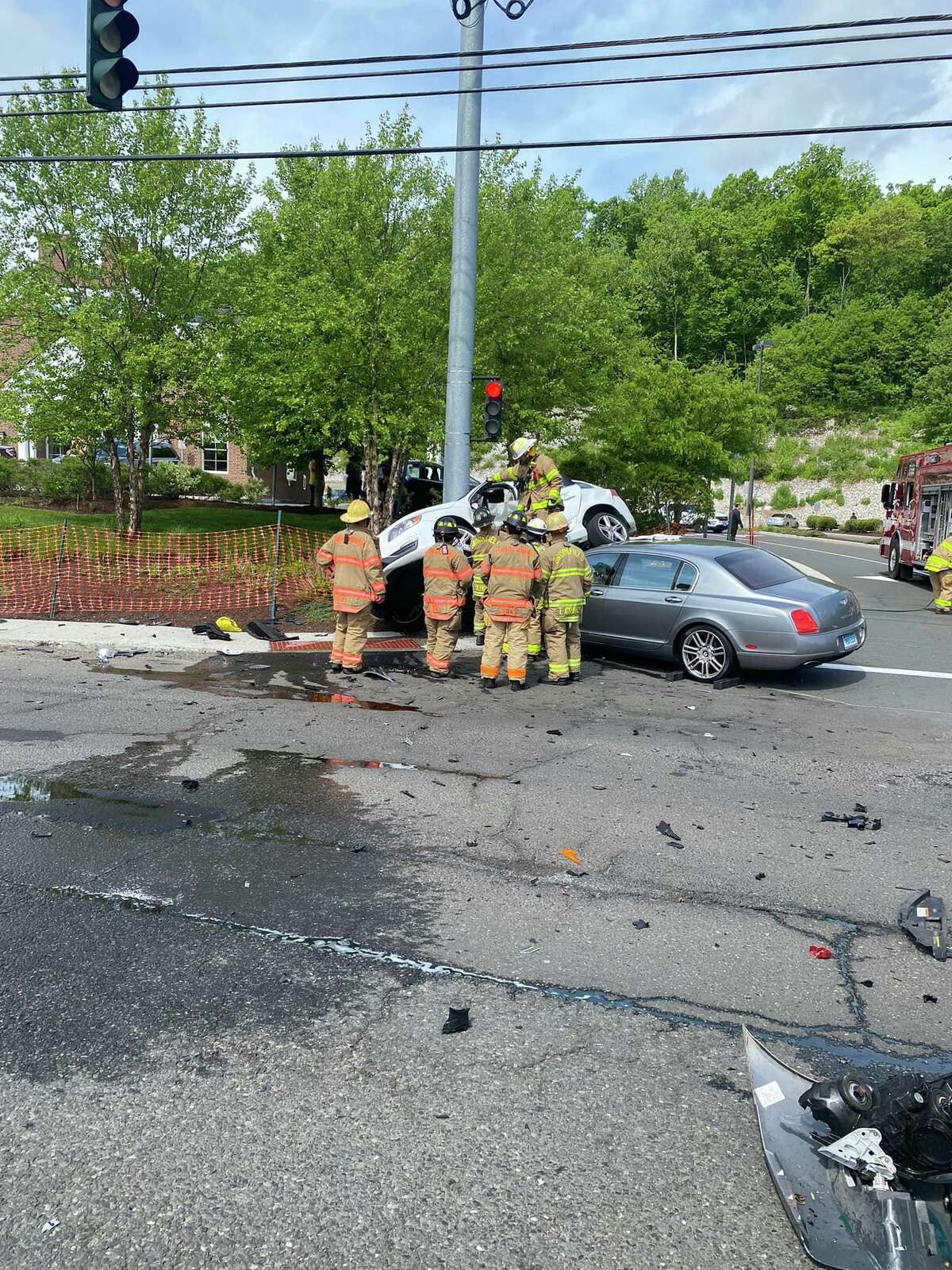 Three patients were taken to the hospital Thursday morning after a three-car crash on Federal Road in Brookfield Thursday morning. Firefighters had to free one of the drivers trapped in their car.