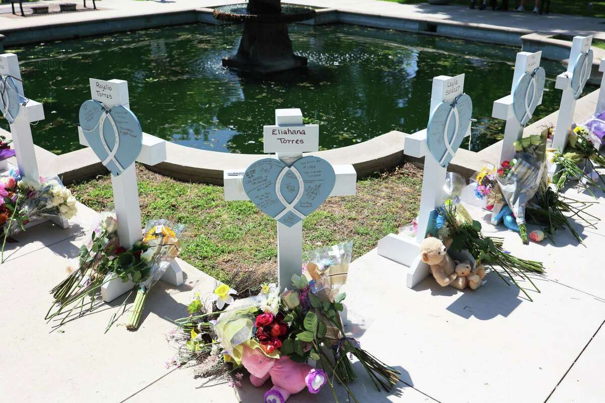 A memorial for a victim's of Tuesday's mass shooting at an elementary school, are seen in City of Uvalde Town Square on May 26, 2022 in Uvalde, Texas. Nineteen children and two adults were killed at Robb Elementary School after a man entered the school through an unlocked door and barricaded himself in a classroom where the victims were located.