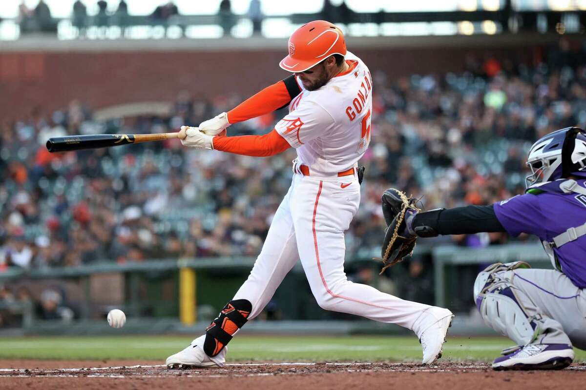 San Francisco Giants’ Luis Gonzalez hits an RBI infield single in 2nd inning against Colorado Rockies during MLB game at Oracle Park in San Francisco, Calif., on Tuesday, May 10, 2022.