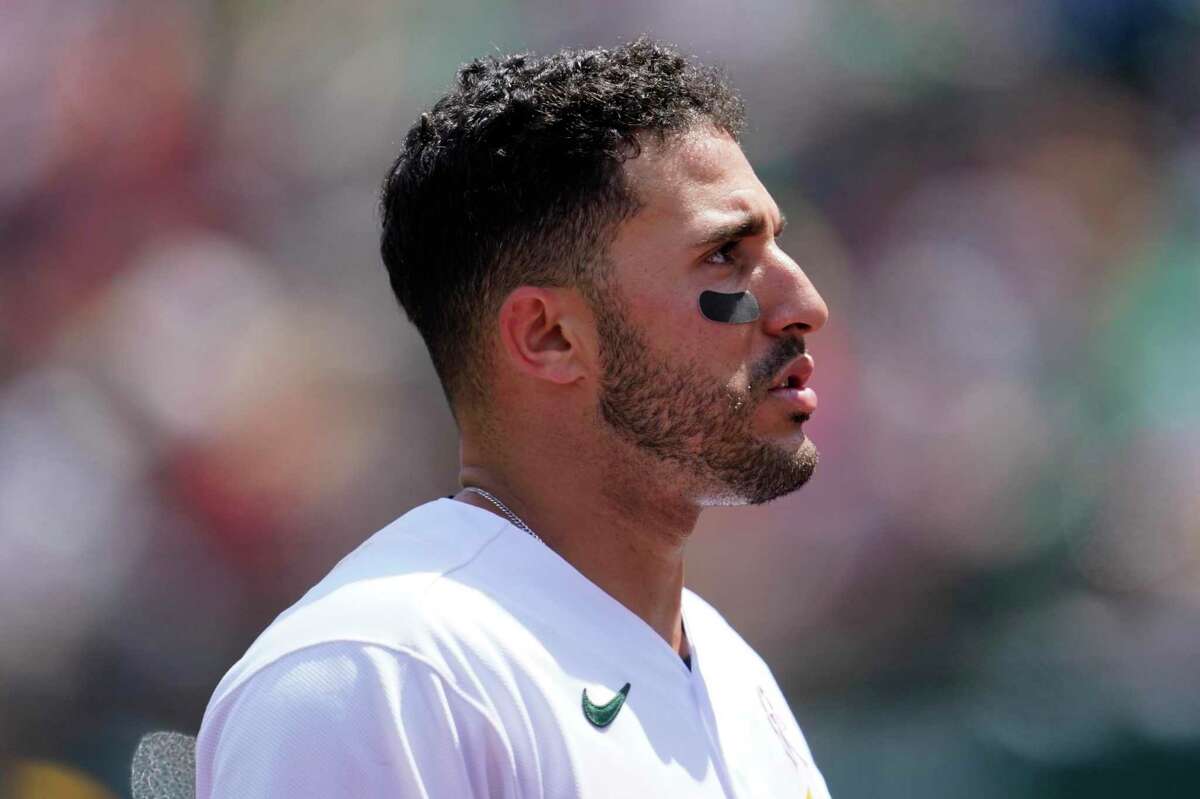 Oakland Athletics' Ramon Laureano during a baseball game against the Los Angeles Angels in Oakland, Calif., Sunday, May 15, 2022. (AP Photo/Jeff Chiu)