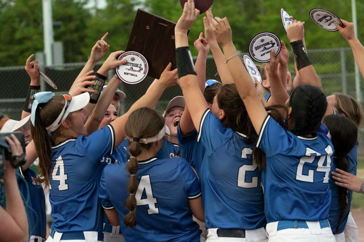 Saratoga Springs players celebrate after defeating Shenendehowa in the Class AA softball final held at Luther Forest Athletic Fields on Thursday, May 26, 2022 in Malta, N.Y.