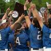 Saratoga Springs players celebrate after defeating Shenendehowa in the Class AA softball final held at Luther Forest Athletic Fields on Thursday, May 26, 2022 in Malta, N.Y.